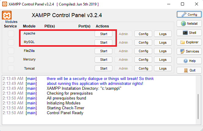 open Xampp control panel