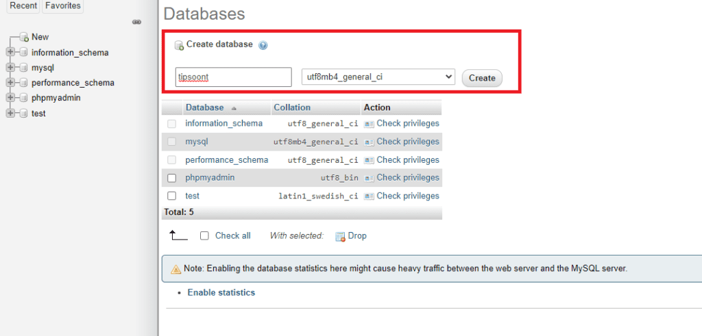 open database Xampp 