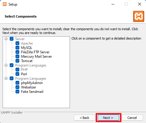 select components in xampp