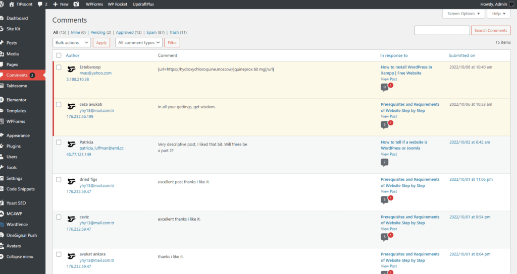 comment Section in WordPress dashboard 