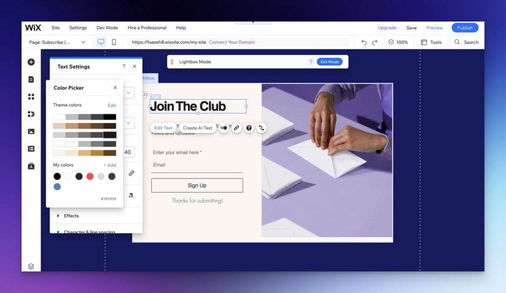 pop up customized settings
