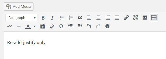 Justify Button in bar after activating the plugin 'Re-add text justify button'
