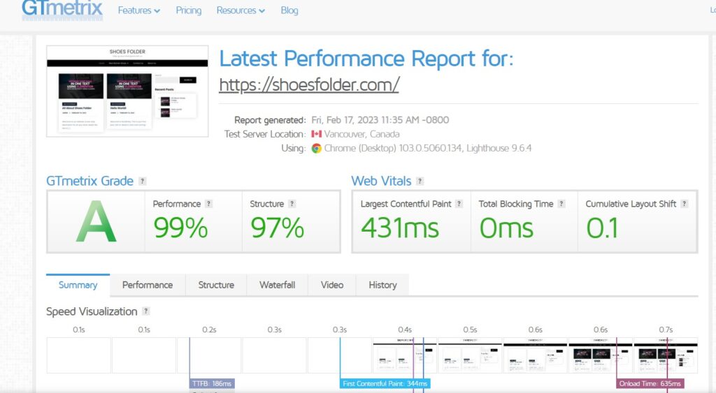 Speed Of website Screen short of GT Matrix 