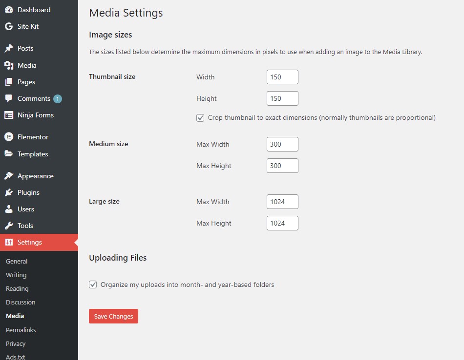 Setting to organize media in WordPress dashboard Storing Images settings 
